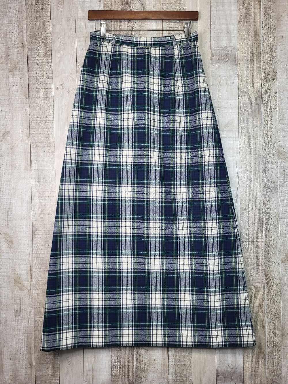 Union Made Plaid A-Line Maxi Skirt in Navy, Green and White.